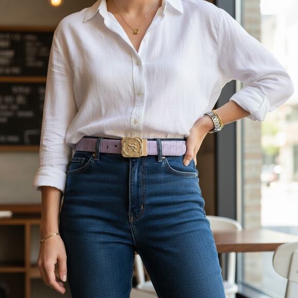 Stacy Adams Reversible Belt-Lavender Black-Faux Croc Embossed-Gold Buckle-Unisex